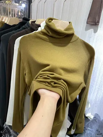 宽松堆堆高领加绒磨毛打底衫2021秋冬新款内搭长袖t恤女洋气上衣商品大图