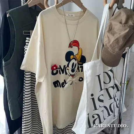 立体蝴蝶结彩绘米奇减龄个性设计感小众宽松洋气百搭短袖棉T恤女商品大图