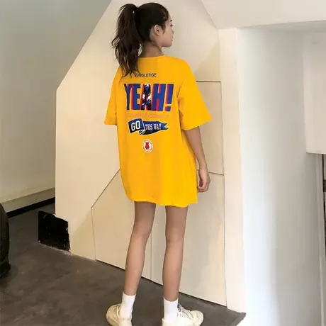 2023韩版ins潮港风休闲t恤女短袖宽松中长款百搭街头丧系半袖上衣商品大图