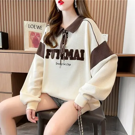 华夫格卫衣女春秋季韩版宽松设计感小众翻领polo衫薄款上衣外套潮图片