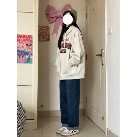 oversize卫衣女连帽拉链高街美式复古hiphop潮牌秋冬加绒加厚外套图片