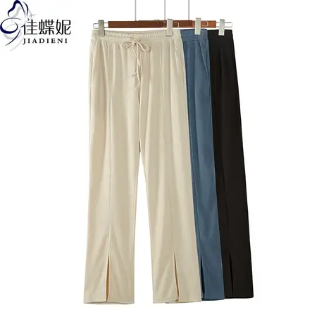 夏新款抽绳松紧腰宽松直筒开叉纯色休闲长裤女小个子下装韩版气质商品大图