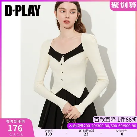 DPLAY2023秋复古宫廷奶油白撞色美背短款修身内搭套头针织打底衫商品大图