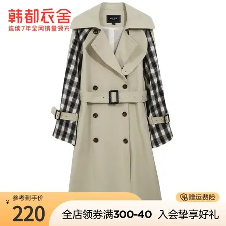 韩都衣舍秋冬新款格纹拼接外套设计感中长款风衣女PV9888图片