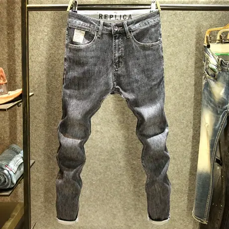 黑灰色秋季牛仔裤男士休闲舒适裤子男潮牌刺绣韩版修身小脚裤厚款图片