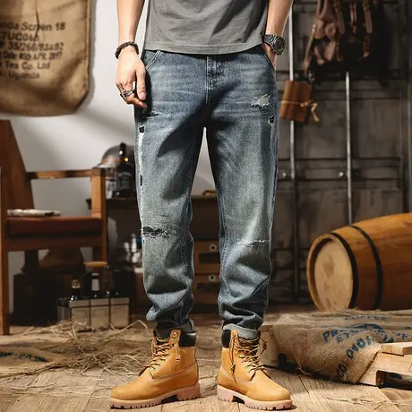 重磅水洗破洞牛仔裤男直筒宽松裤子男潮流百搭男士休闲做旧长裤子商品大图