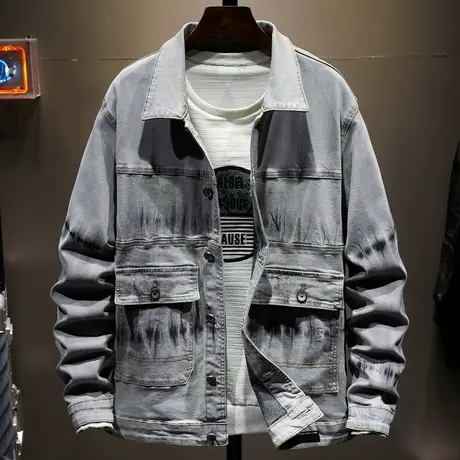 香港潮牌日系复古夏季款牛仔外套男修身灰色夹克男上衣服褂子百搭图片