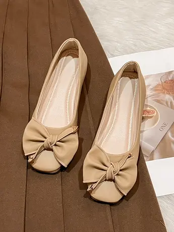 复古平底蝴蝶结单鞋女2023春季新款软皮软底方头浅口瓢鞋奶奶鞋子商品大图