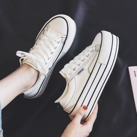 厚底增高帆布鞋女2023新款秋季透气百搭松糕鞋薄款韩版休闲小白鞋商品大图