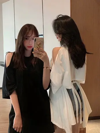 大码女夏装露肩t恤女短袖不规则上衣女设计感小众ins潮200斤胖mm商品大图