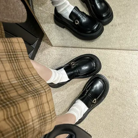 复古小皮鞋女2024年新款春季一脚蹬气质单鞋英伦风厚底粗跟乐福鞋商品大图