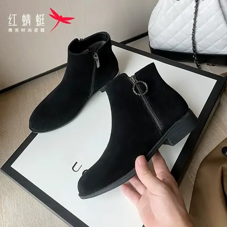 红蜻蜓女靴秋冬季加绒真皮低跟粗跟切尔西靴女短靴磨砂妈妈棉鞋女商品大图