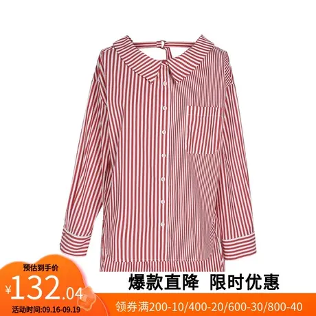 【艾格】2023春季新款版简约上衣女长袖条纹设计感飘带衬衫商品大图