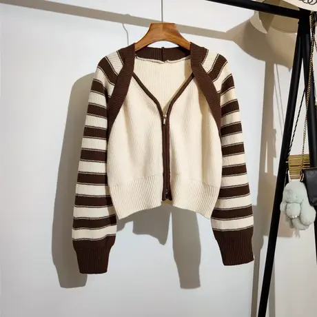 双拉链针织开衫女秋冬新款韩系条纹拼色设计感小众假两件毛衣外穿商品大图