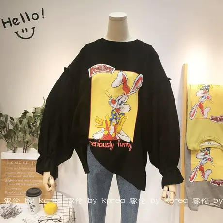 荷叶袖上衣韩国东大门2020秋季洋气卡通兔子灯笼袖卫衣宽松大码商品大图