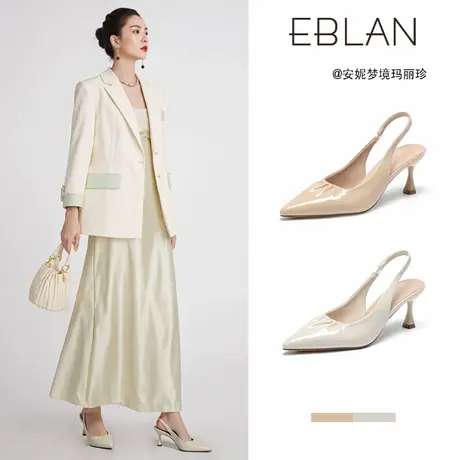 EBLAN/伊伴法式包头凉鞋女细跟2025春夏新款一字带尖头裸色高跟鞋图片
