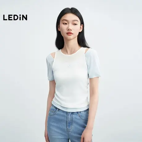 【昕怡粉丝专享】乐町假两件修身短袖女设计上衣亲肤透气显瘦T恤图片