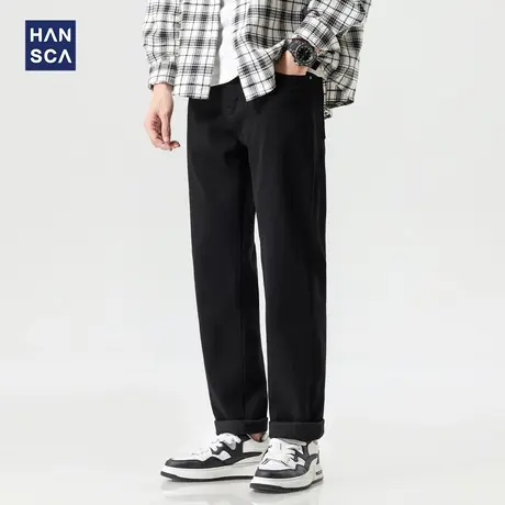 hansca黑色高街直筒牛仔裤男2025年春季美式潮牌日常百搭弹力长裤商品大图