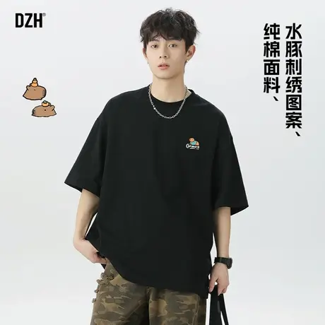 青少年刺绣圆领t恤男夏季宽松黑色纯棉上衣2025新款男款短袖体恤商品大图