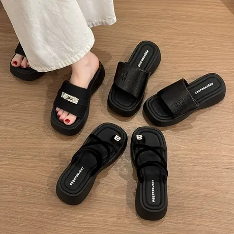黑色厚底增高拖鞋女夏外穿2025新款法式水钻配裙子凉拖鞋女士凉鞋图片