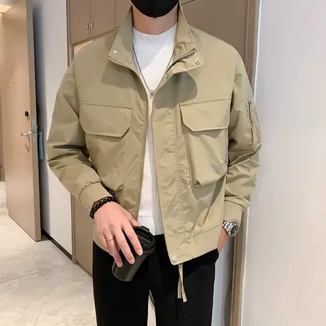 立领工装夹克男秋季2023纯色韩版个性大口袋痞帅青年短款机车外套商品大图