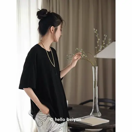 贝妍气质睡衣女夏季薄款圆领短袖长裤莫代尔棉套装慵懒宽松家居服商品大图