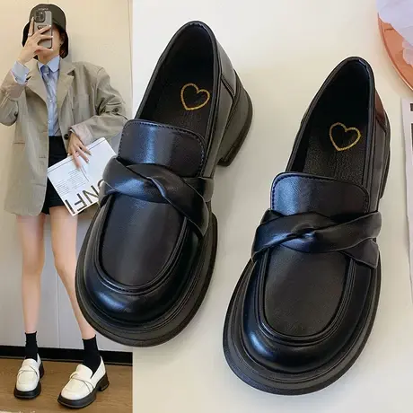 潮牌黑色复古小皮鞋女秋季时尚英伦一脚蹬百搭日系jk粗跟乐福单鞋商品大图