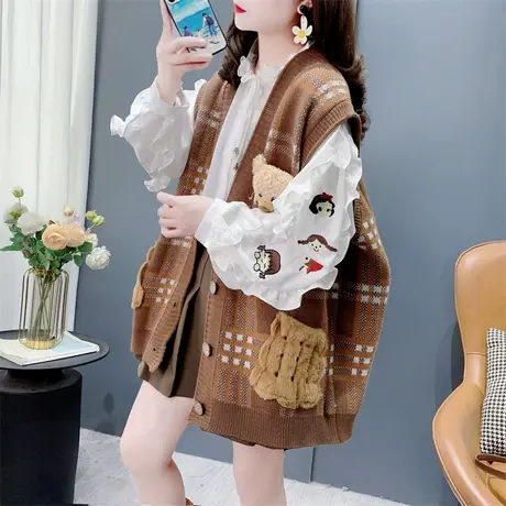 日系复古卡通小熊无袖针织马甲背心女春秋季洋气减龄毛衣开衫坎肩商品大图