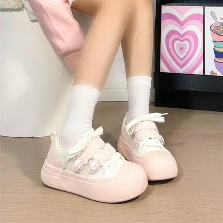 人本粉色魔术贴小白鞋女2025夏季新款百搭休闲板鞋厚底增高女鞋子商品大图
