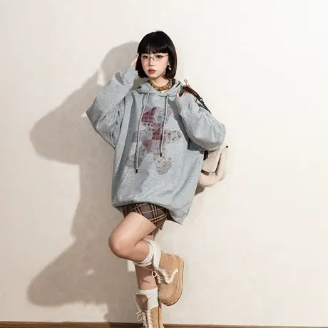 YEP潮牌印花连帽卫衣女春季2025年新款美式复古帽衫宽松长袖外套商品大图