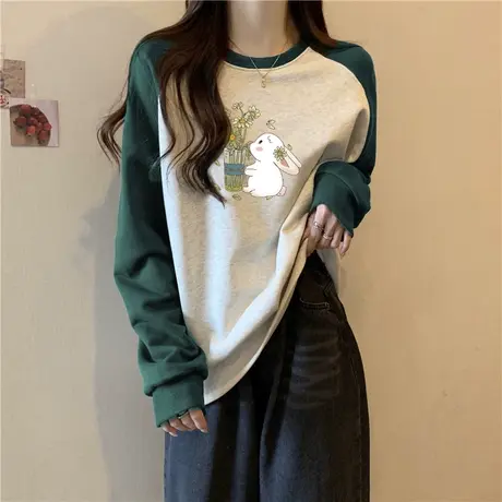 卡通童趣风印花插肩袖卫衣女薄款秋装百搭宽松显瘦拼接长袖上衣服商品大图