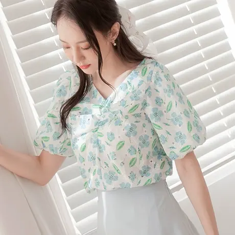 桔熊夏季韩版清新镂空蕾丝印花V领泡泡袖上衣女胖妹妹大码AB15765图片