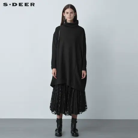 sdeer圣迪奥女装高领拼接不规则长款罗纹针织衫S184Z3536商品大图