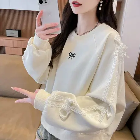 蕾丝花边蝴蝶结卫衣女2025新款春秋季韩版宽松薄款初中生上衣外套图片