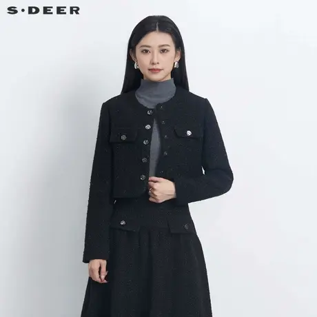 sdeer圣迪奥女装小香风套装圆领格纹短款毛呢外套S23482205商品大图