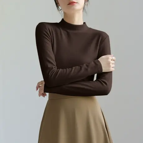 KV真维斯半高领双面绒打底衫女款秋冬2025新款深咖色长袖t恤上衣商品大图