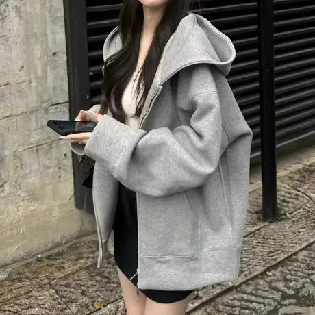 灰色卫衣外套女2025新款爆款早秋季小个子宽松慵懒风连帽开衫上衣图片
