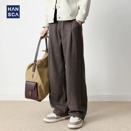 hansca370g绵羊毛直筒休闲裤男秋季复古宽松垂感压褶抗皱保暖长裤商品大图