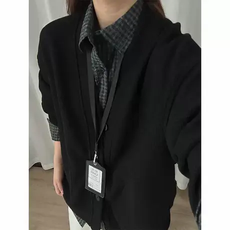黑色华夫格开衫卫衣外套男款春秋轻职场通勤穿搭慵懒风v领针织衫商品大图