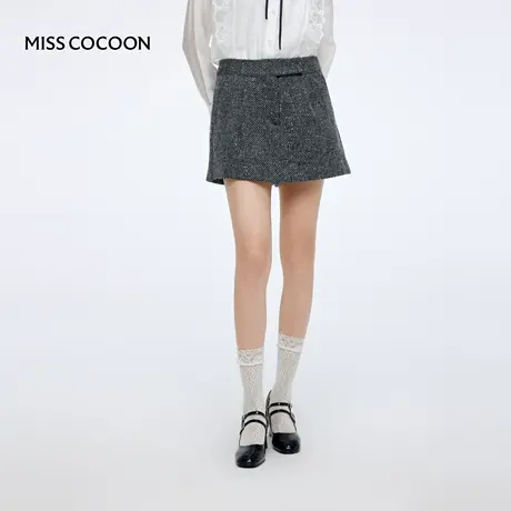 MISSCOCOON可可尼灰色假两件女2025秋冬新款miu系A字绵羊毛短裙裤商品大图