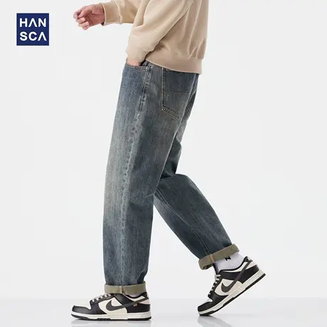 hansca宽松直筒阔腿水洗男潮牛仔裤2025新款男秋季休闲复古长裤子商品大图
