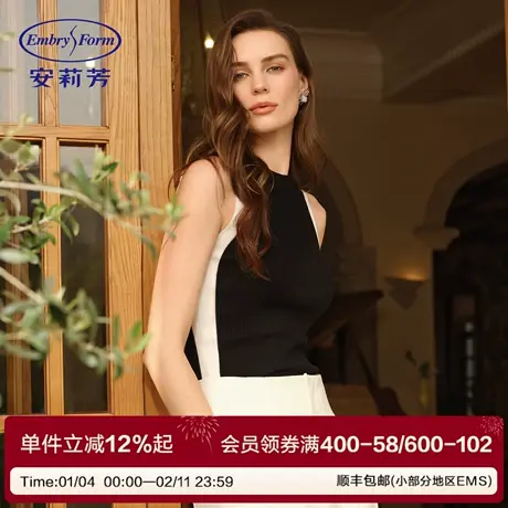 安莉芳法式复古黑白撞色针织羊绒小高领舒适打底上装修身无袖背心商品大图