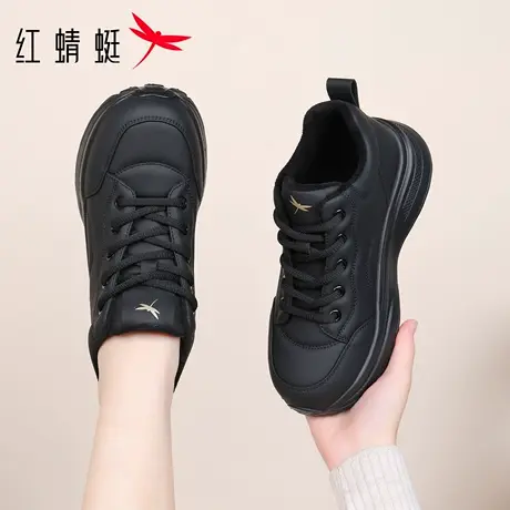 红蜻蜓女鞋秋冬季新款大码鞋子黑色厚底增高休闲运动老爹鞋女加绒商品大图