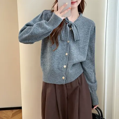唐狮秋冬新款女毛衣名媛风前领打结设计开衫女洋气超好看tu商品大图