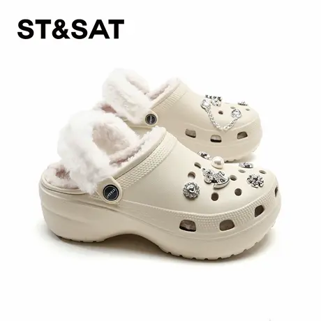 星期六加绒洞洞鞋冬季新款女士保暖加厚棉拖厚底增高百搭包头拖鞋图片