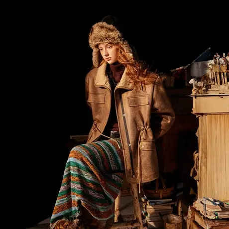 潮牌复古收腰棉服女冬季加厚羊羔毛美拉德外套2023新款设计感棉衣图片