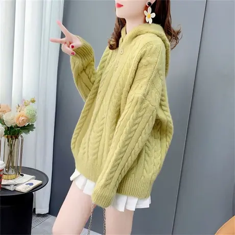 温柔风宽松慵懒风麻花连帽毛衣女套头秋冬新款韩版爆款加厚针织衫商品大图