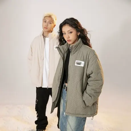 美式复古格子立领棉服女冬季2023新款潮牌加厚外套情侣装宽松棉衣商品大图