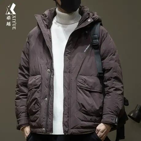 希越新国标羽绒服男士白鸭绒连帽外套宽松大码工装拼接美式面包服商品大图