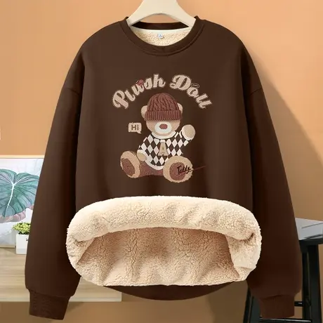 ZR真维斯咖色羊羔绒圆领卫衣女款今年2023冬季新款加厚保暖外套女商品大图